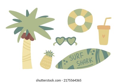 Summer beach clipart. Cartoon hand drawn flat isolated vector holidays vacation set with life preserver, surfboard, palm tree, coconuts, pineapple, drink