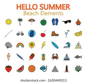 Summer Beach Clipart Collection for Seasonal Designs, coconut, heat, shell, flipflop, umbrella, seagull, tanning, splash, sun and more