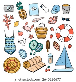 Summer beach clipart. Cute beach vector set. Summertime doodles on white background