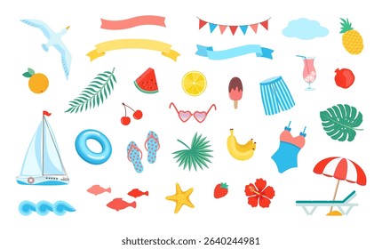 Summer beach clipart set. Sea vacation vector illustration. Ribbon frame, cute holiday signs collection watercolor like flat design. Tropical resort coastal vibe theme. Bright decorative symbols.