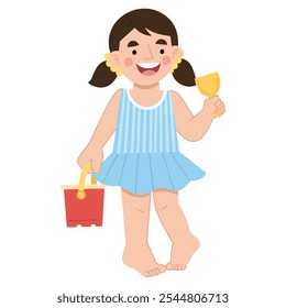 Summer beach clipart. Vector illustration of girls playing on the beach