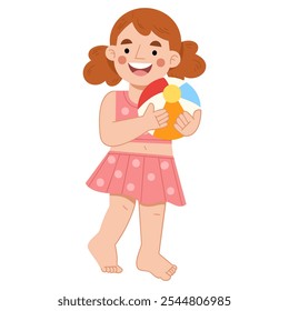 Clipart de playa de verano. Ilustración vectorial de una niña sosteniendo una pelota en la playa