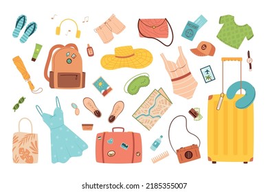 Summer beach clothes set. Girl holiday stuff for summertime travel, tourist bag with sea bikini. Voyage luggage and tourism accessories. Tourist baggage. Vector cartoon illustration