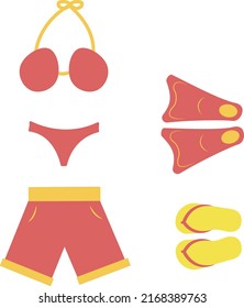 Summer beach clothes. Vector isolated swimsuit, shorts, flippers, flipflops. Flat red and yellow illustration