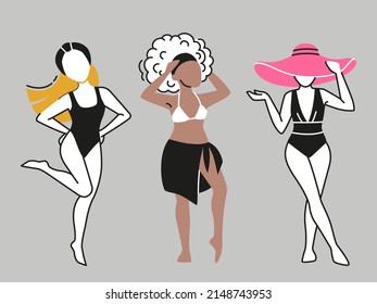 Summer beach clothes for women, Vector illustration. Different nationalities woman. Trendy vector style