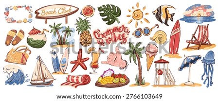 Summer beach club icon set with surfboards, palm trees, tropical fruits, cocktail, ice cream, slides, lifeguard tower, wave, sun, jellyfish and lettering. Bold doodle cartoon style vector illustration