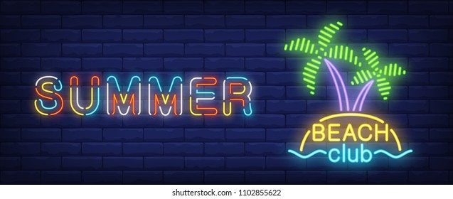 Summer beach club neon sign. Tropical island with palms and sea. Vector illustration in neon style for travel or vacation