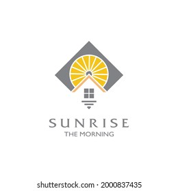 summer beach coast island, sea ocean with birds and summer sun rays logo design inspiration