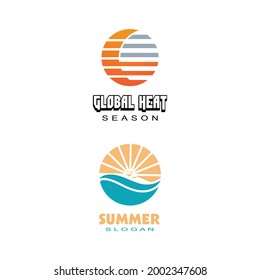 summer beach coast island, sea ocean with birds and summer sun rays logo design inspiration