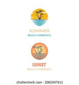 summer beach coast island, sea ocean with birds and summer sun rays logo design inspiration