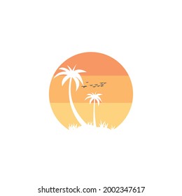summer beach coast island, sea ocean with birds and summer sun rays logo design inspiration