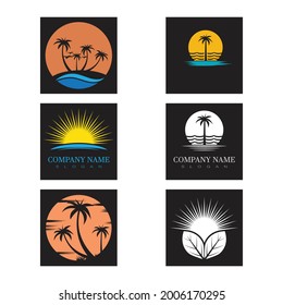 summer beach coast island, sea ocean with birds and summer sun rays logo design inspiration