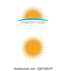 summer beach coast island, sea ocean with birds and summer sun rays logo design inspiration