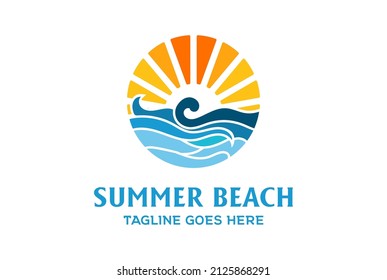 Summer Beach Coast Island Sea Ocean with Wave Logo Design Vector