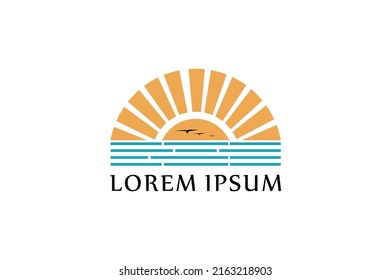 summer beach coast island, sea ocean with birds and summer sun rays logo design inspiration