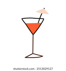 Cóctel de playa de verano en vidrio con sombrilla de paja. Bebida de alcohol refrescante en copa de vino. Bebida de fiesta, aperitivo al estilo doodle. Ilustración vectorial gráfica plana aislada sobre fondo blanco