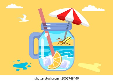 Summer beach in a cocktail mug Fun creative concept design with cocktails Panorama of sea and beach on cocktail glass Summer sale Post template Hot season elements