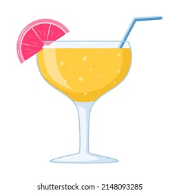 Summer beach cocktail. A refreshing mixed drink with citrus, grapefruit in a transparent cocktail glass with a straw. Healthy beverage in cartoon style on white background Vector illustration.