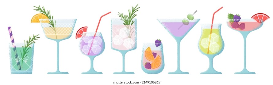 Summer beach cocktails. Drinks mix, drink minimalist style. Gin vodka cocktail, simple glass with cut fruits and ice cube. Creative weekend party swanky vector elements