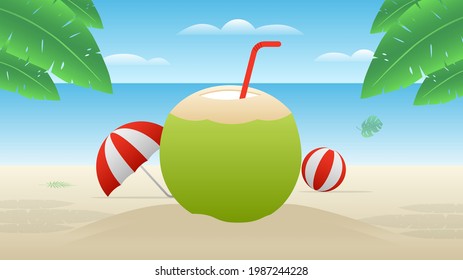 Sommerstrand mit Kokosnuss-Getränk, Ballon und Regenschirm. Hintergrundillustration.