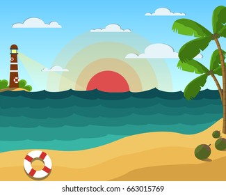 summer beach with coconut and lighthouse on sunset background