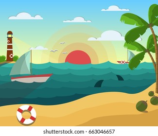 summer beach with coconut ship bird shark and lighthouse on sunset background