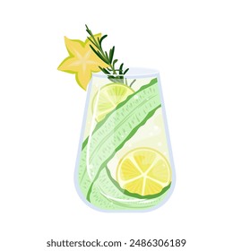 Coctel frío de playa de verano con lima, cubitos de hielo y romero. Bebida refrescante de verano con pepino y limón. Clásica caipirinha bar bebida alcohólica. Ilustración vectorial aislada sobre fondo blanco.