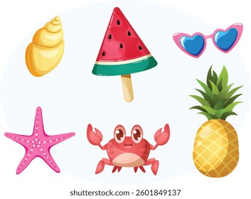 Summer Beach Collection: Cartoon Seashell, Watermelon Popsicle, Heart Sunglasses, Starfish, Crab, Pineapple - Vibrant Vector Graphics