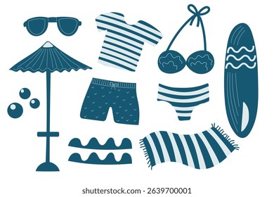 Summer beach collection featuring striped swimwear, surfboard, and beach accessories for sunny adventures. Vector