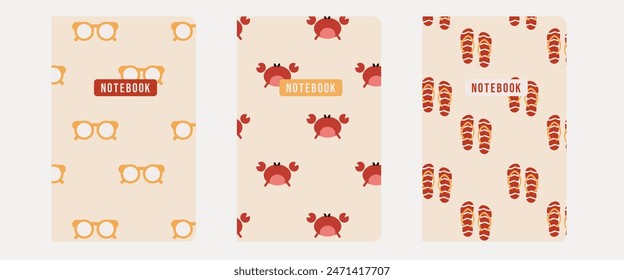 Summer Beach Collection Notebook Cover - Dot Pattern. Crab, glasses and flip flops. Planner, diary, cover, notes. eps 10 vector