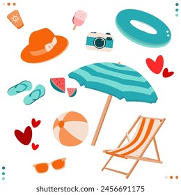 Colección de playa de verano. Conjunto de Elementos de vacaciones de verano: bola, gafas de sol, paleta, protector solar, sandías, sombrero, tumbona, sandalias, cámara. para el símbolo, pegatinas, iconos, etc. Ilustración vectorial.