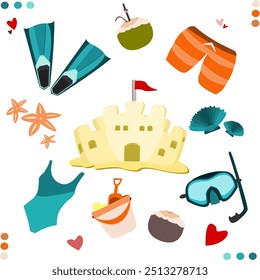 Summer beach collection. Set of summer holiday elements: diving fins, coconuts, swimsuits, starfish, sandcastle, Scallops, bucket with shovel. for symbol, stickers, icons, etc. vector illustration.