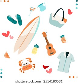 Summer beach collection. Set of summer holiday elements: sandals, glass, pitcher, beach bag, surf board, pineapples, ukulele, crab, shirt. for symbol, stickers, icons, etc. vector illustration.