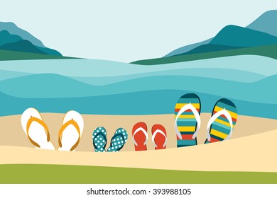 Summer beach with color flip flops. Family summer holiday. Flat design illustration.