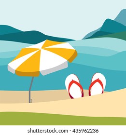 Summer beach with color flip flops and  umbrella. Vector.