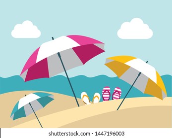 Summer beach with color umbrellas. Flat design.