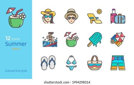 Summer beach colored line detailed icon set vector illustration.