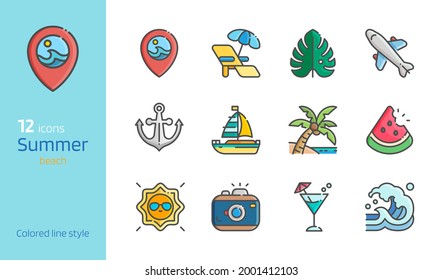 Summer beach colored line detailed icon set vector illustration.