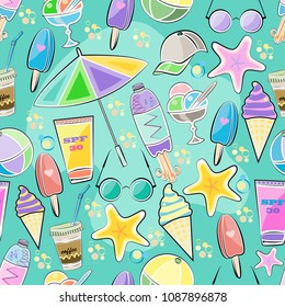 Summer beach colorful background, cartoon seamless pattern, vector illustration.