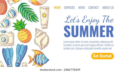 Summer beach colorful elements and accessories. Sunglasses, pineapple, camera, flippers, seashell and sunscreen, fish. Landing page vector template for website, web, online, banner, travel, tourism