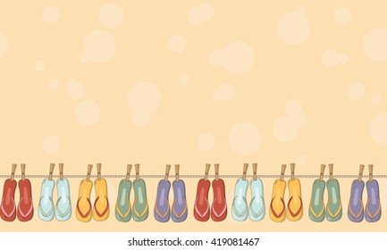 Summer beach colorful flip flops seamless border. Bright positive sandals background for touristic business, scrapbooking, wrapping and clothing.