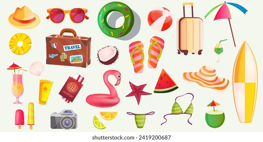 La playa de verano es colorida. El mar y el océano son atributos aislados en un fondo blanco. Gafas de sol, pelota de goma, zapatillas y tabla de surf. Colección de iconos de vacaciones de verano. Ilustración del vector