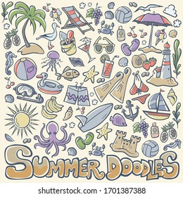 Summer Beach Colorful Vector Cartoon Doodles 