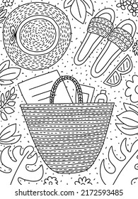 Summer Beach Coloring Page With Beach Bag Sun Hat And Fllower Leaves. Hand Drawn Cute Sunny Coloring Page Vector Top View