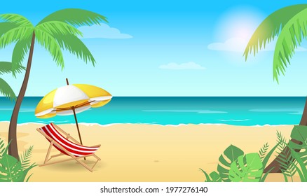Summer beach composition of the azure sea with a sun lounger, sun umbrella, palm trees.