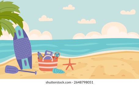 Summer beach concept background. Vector flat travel banner of seaside, surfboard and summer objects. Summer, travel, vacation, recreation concept.