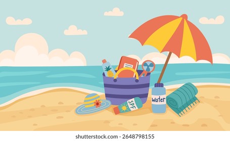 Summer beach concept background. Vector flat travel banner of seaside and summer objects. Summer, travel, vacation, family, recreation concept.