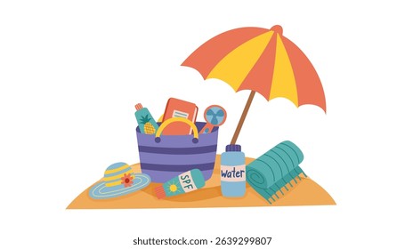 Summer beach concept clipart isolated on white background. Vector flat illustration of sand, bag, summer objects. Summer, travel, vacation, family, recreation concept.