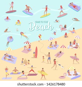 Summer beach concept. Different scenes of people on the beach. People relax on the beach, sunbathe, play sports and yoga, swiming in the sea, ride the surf. Editable vector illustration.
