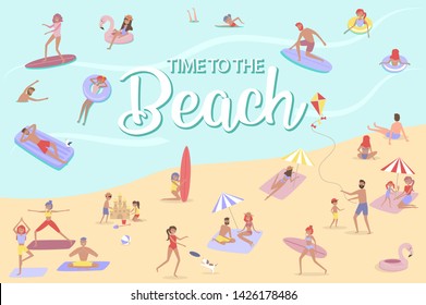 Summer beach concept. Different scenes of people on the beach. People relax on the beach, sunbathe, play sports and yoga, swiming in the sea, ride the surf. Editable vector illustration.
